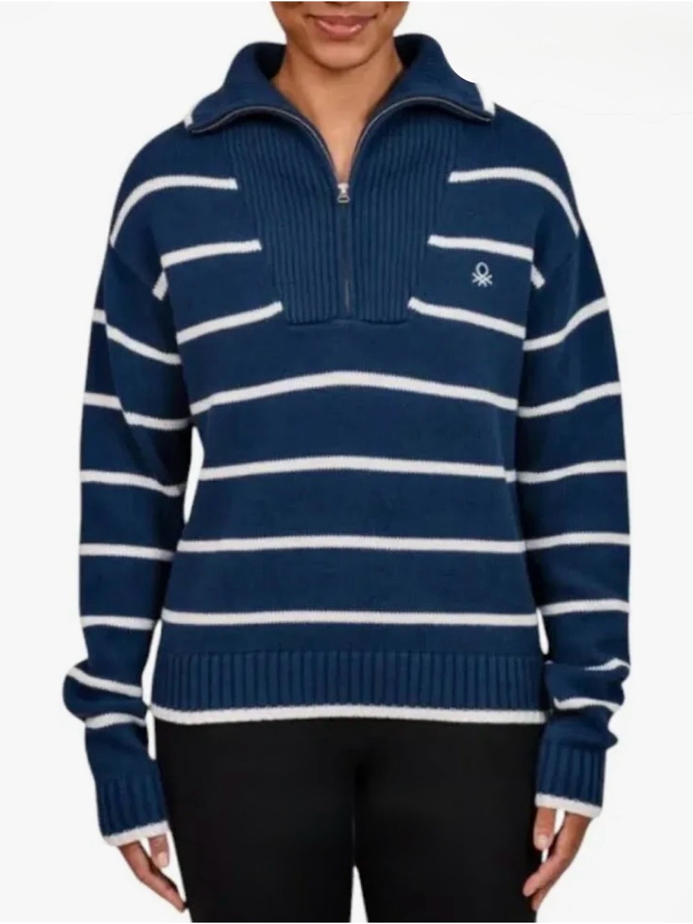 United Colors of Benetton Stripe Half-Zip Navy White Pullover Sweater, Like New